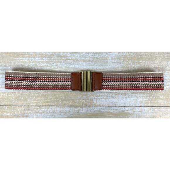 LOFT Boho Stretch Belt Brown Beige Red Stripe Elastic Band w/Faux Leather Trim - Picture 1 of 10